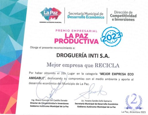 Premio Empresarial La Paz Productiva en la categoría “Empresa Eco-amigable”